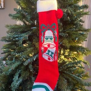 1970s Vintage Christmas Holiday knit Red Stocking with Pom Pom ball